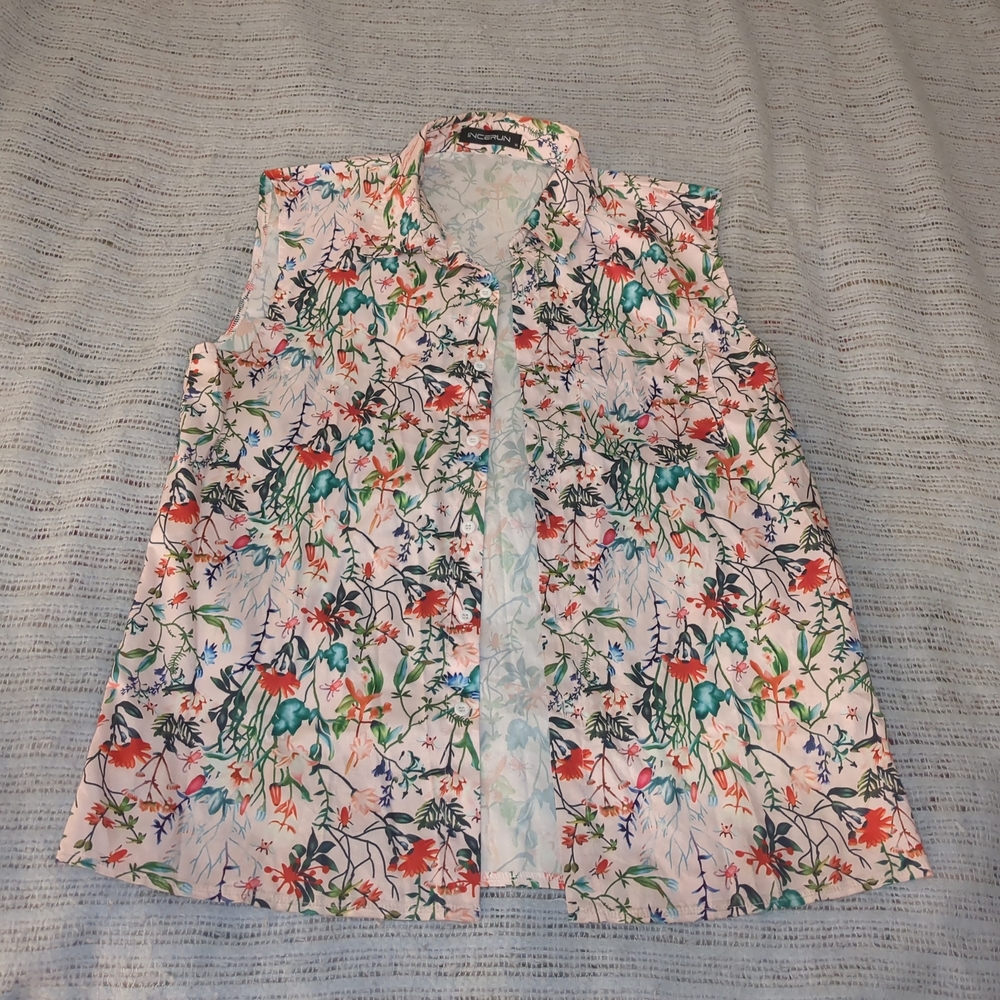 Incerun Multicolor Floral Polyester Button Up Shirt Vest Size Medium